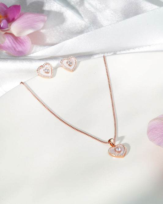 Siora Nested Heart Jewellery Set | 925 Sterling Silver Rose Gold | Necklace + Earrings