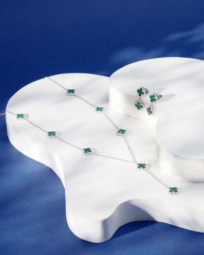 Siora Malachite Clover Complete Jewellery Set | 925 Sterling Silver Rhodium Plated | Necklace + Earrings