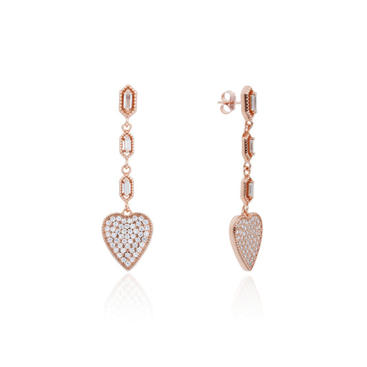 Siora Heart Drop Baguette Chain Earrings | 925 Sterling Silver Rose Gold
