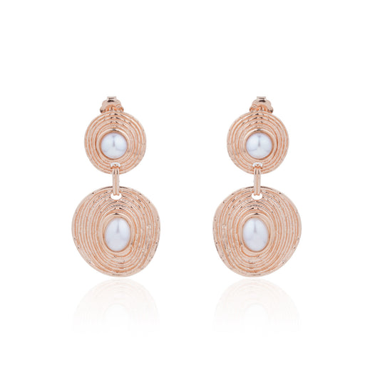 Siora Pearl Orbital Double Disc Drop Earrings | 925 Sterling Silver Rose Gold