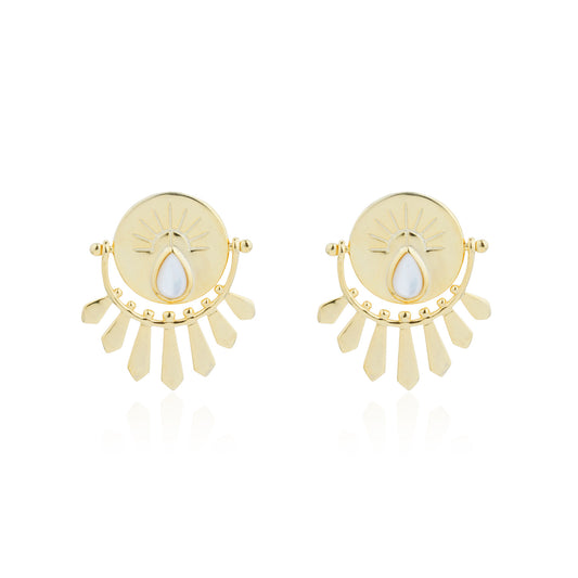 Siora Gold Sun Disc Fan Drop Earrings | 925 Sterling Silver 18K Gold Plated