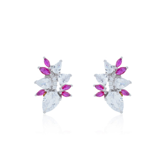 Siora Silver Floral CZ & Ruby Pink Earrings | 925 Sterling Silver Rhodium Plated