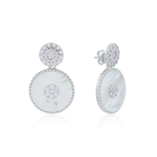 Siora Silver Celestial MOP Double Disc Earrings | 925 Sterling Silver Rhodium Plated