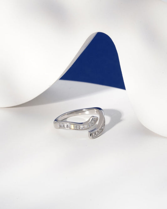 Siora Silver Baguette Bypass Open Ring | 925 Sterling Silver Rhodium Plated