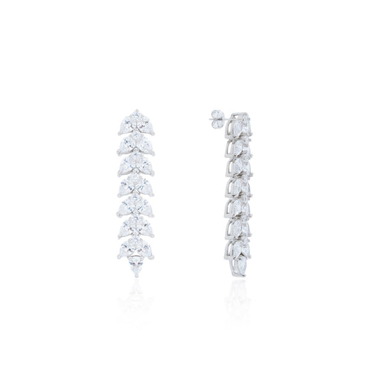 Siora Silver Leaf Spine CZ Drop Earrings | 925 Sterling Silver Rhodium Plated