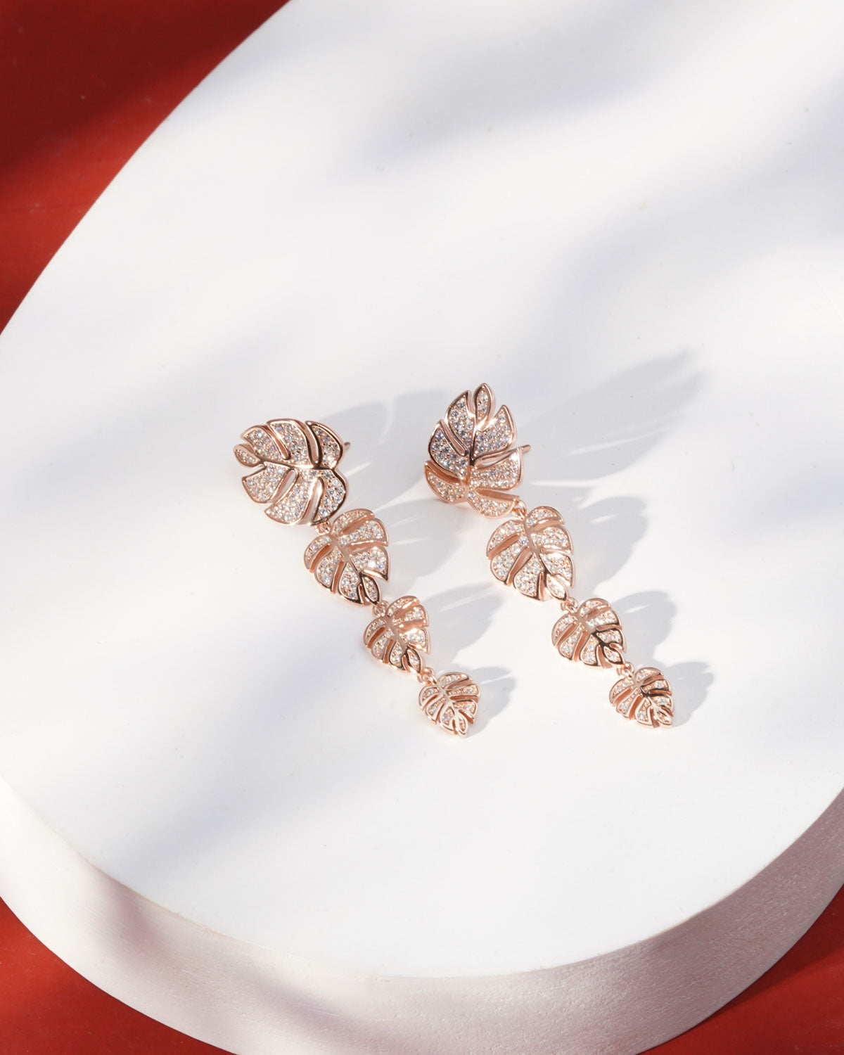 Siora Monstera Cascade CZ Drop Earrings | 925 Sterling Silver Rose Gold