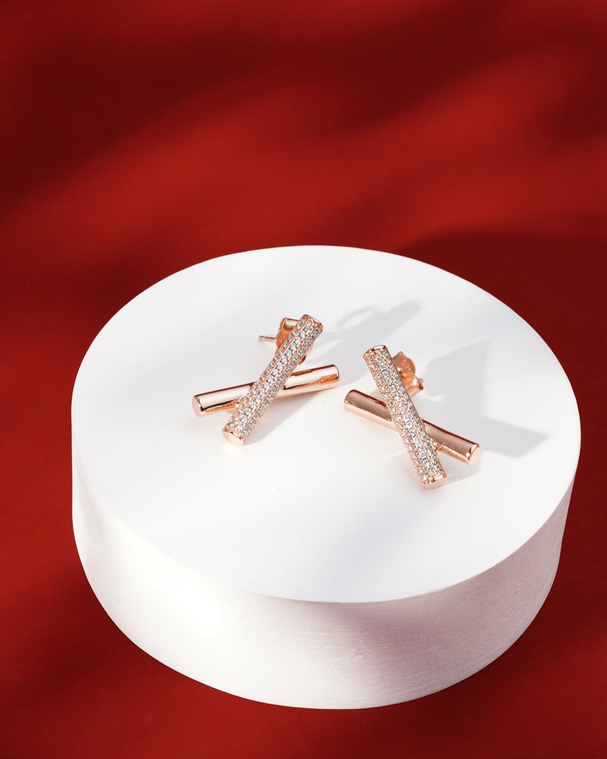 Siora Cross Bar CZ Stud Earrings | 925 Sterling Silver Rose Gold