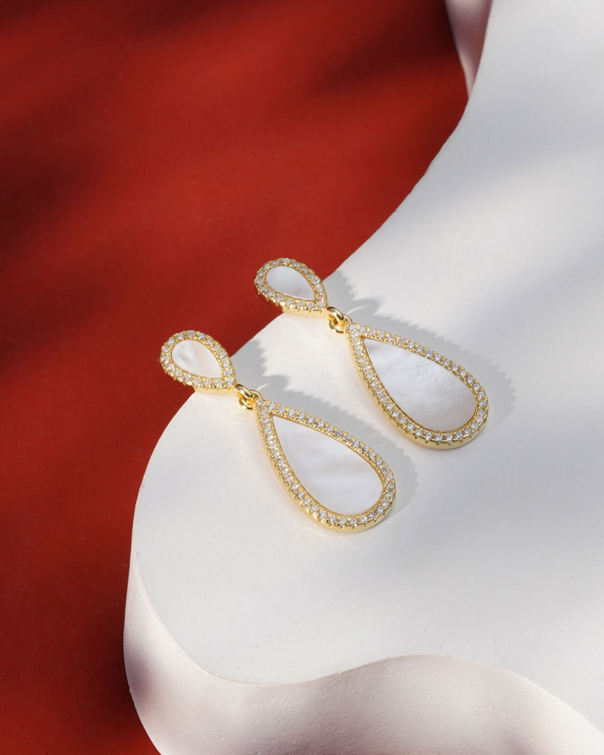 Siora Gold MOP Teardrop Halo Drop Earrings | 925 Sterling Silver 18K Gold Plated