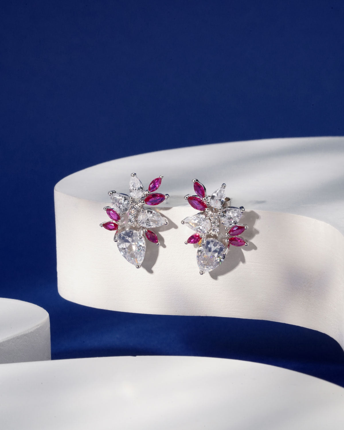Siora Silver Floral CZ & Ruby Pink Earrings | 925 Sterling Silver Rhodium Plated