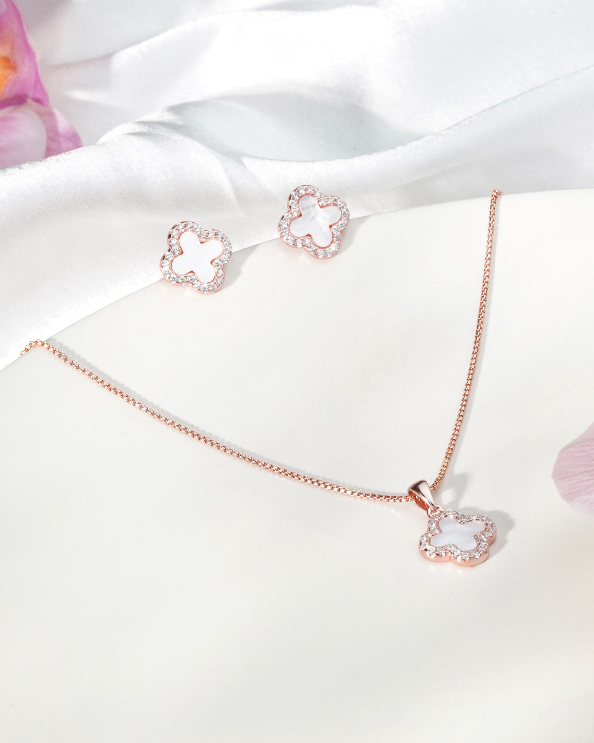Siora MOP Clover Bloom Jewellery Set | 925 Sterling Silver Rose Gold | Necklace + Earrings