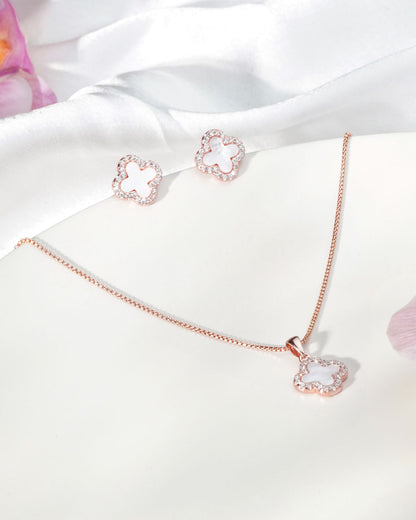 Siora MOP Clover Bloom Jewellery Set | 925 Sterling Silver Rose Gold | Necklace + Earrings