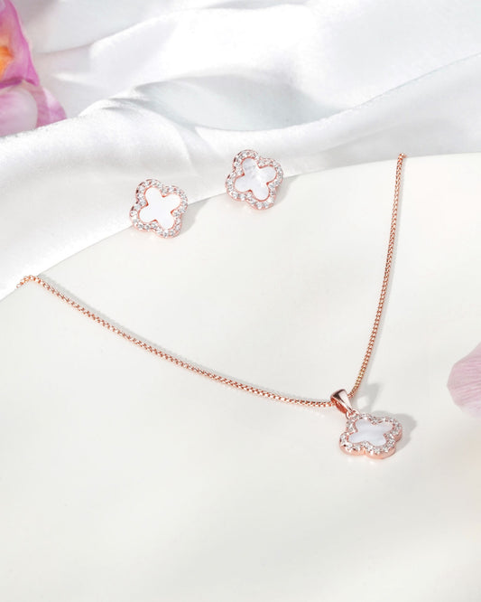 Siora MOP Clover Bloom Jewellery Set | 925 Sterling Silver Rose Gold | Necklace + Earrings