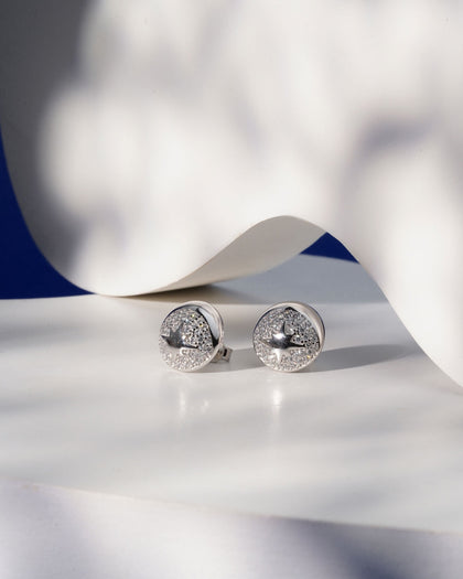 Siora Silver North Star Disc CZ Stud Earrings | 925 Sterling Silver Rhodium Plated
