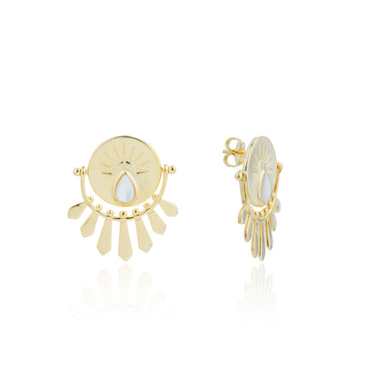 Siora Gold Sun Disc Fan Drop Earrings | 925 Sterling Silver 18K Gold Plated