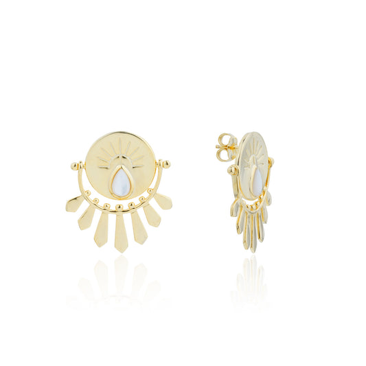 Siora Gold Sun Disc Fan Drop Earrings | 925 Sterling Silver 18K Gold Plated