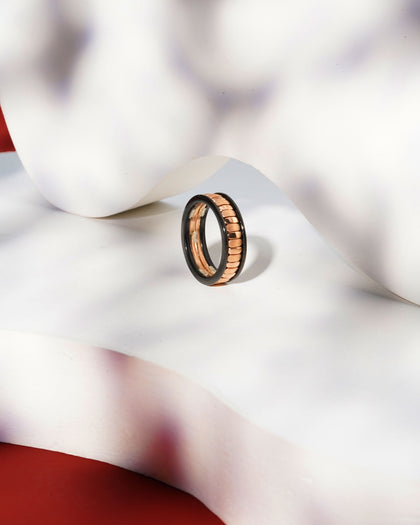 Siora Gold Tile Contrast Band Ring | 925 Sterling Silver Black & Rose Gold