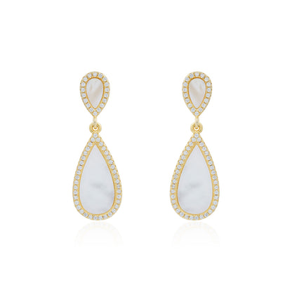 Siora Gold MOP Teardrop Halo Drop Earrings | 925 Sterling Silver 18K Gold Plated