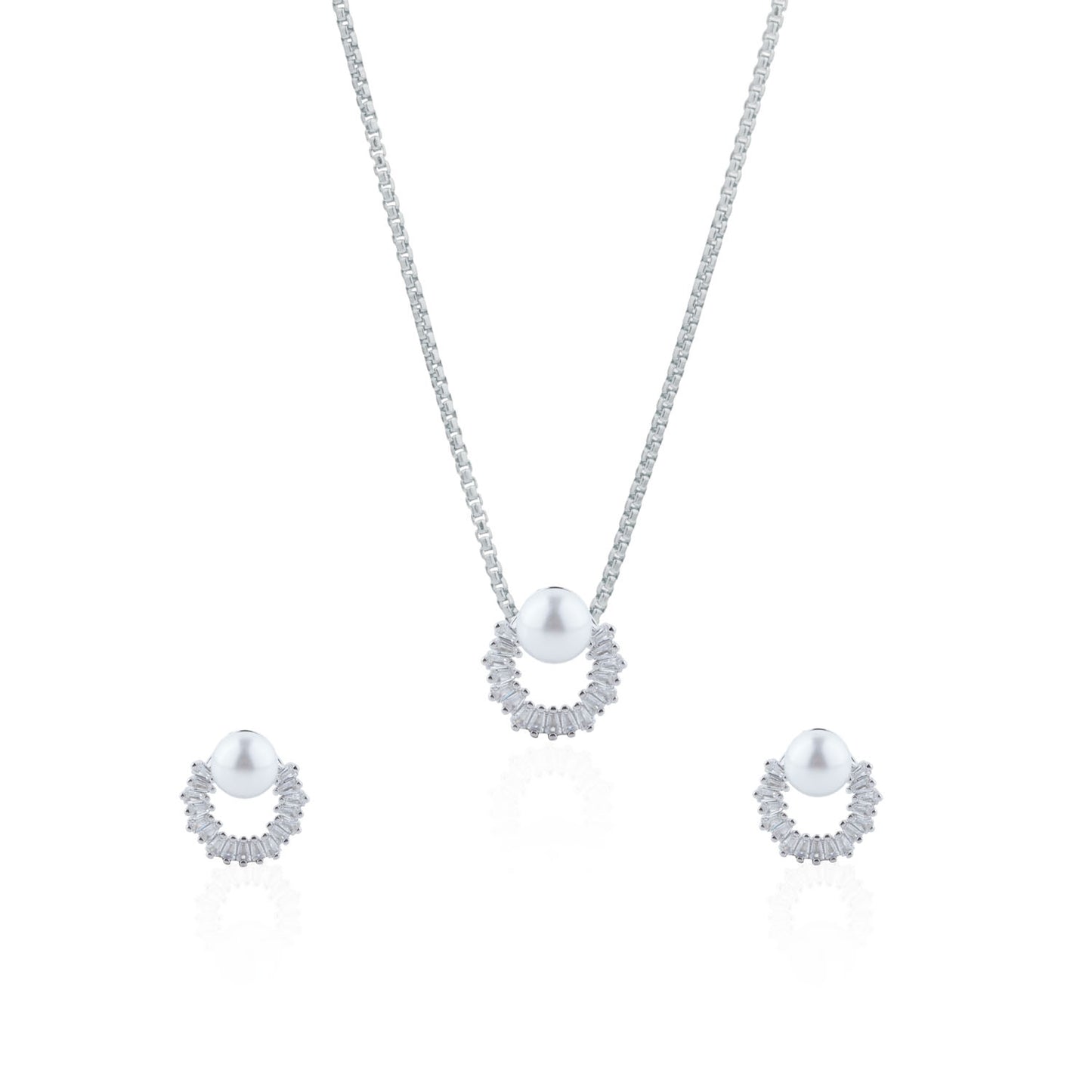 Siora Silver Pearl Arc Jewellery Set | 925 Sterling Silver Rhodium Plated | Necklace + Earrings