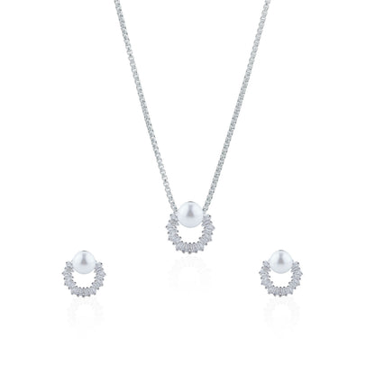 Siora Silver Pearl Arc Jewellery Set | 925 Sterling Silver Rhodium Plated | Necklace + Earrings