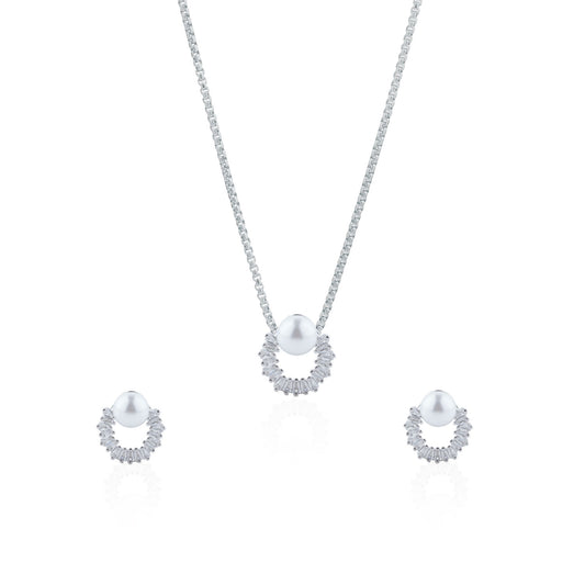 Siora Silver Pearl Arc Jewellery Set | 925 Sterling Silver Rhodium Plated | Necklace + Earrings