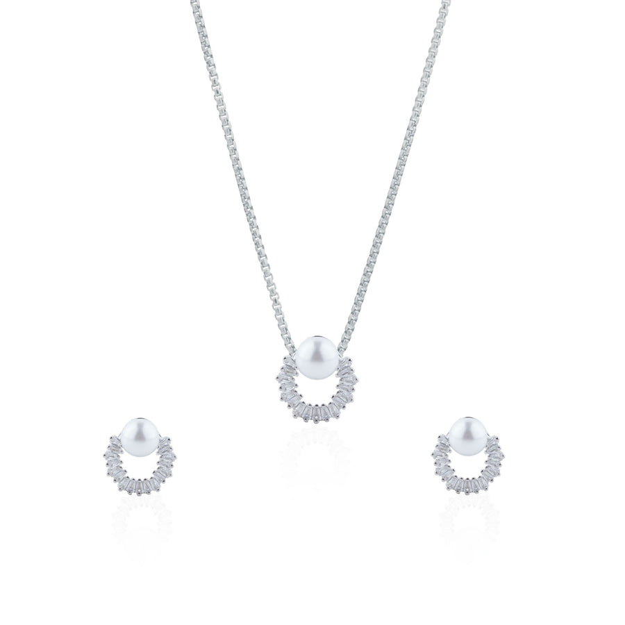 Siora Silver Pearl Arc Jewellery Set | 925 Sterling Silver Rhodium Plated | Necklace + Earrings