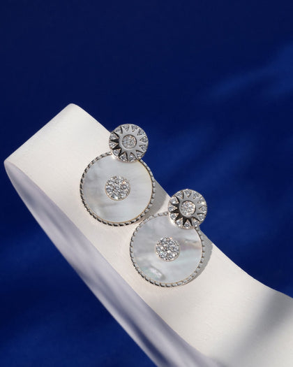 Siora Silver Celestial MOP Double Disc Earrings | 925 Sterling Silver Rhodium Plated
