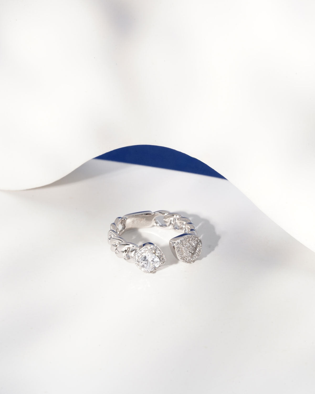 Siora Silver Dual Stone Cuban Link Bypass Ring | 925 Sterling Silver Rhodium Plated