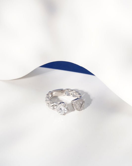 Siora Silver Dual Stone Cuban Link Bypass Ring | 925 Sterling Silver Rhodium Plated