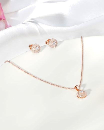 Siora Rosette CZ Jewellery Set | 925 Sterling Silver Rose Gold | Necklace + Earrings