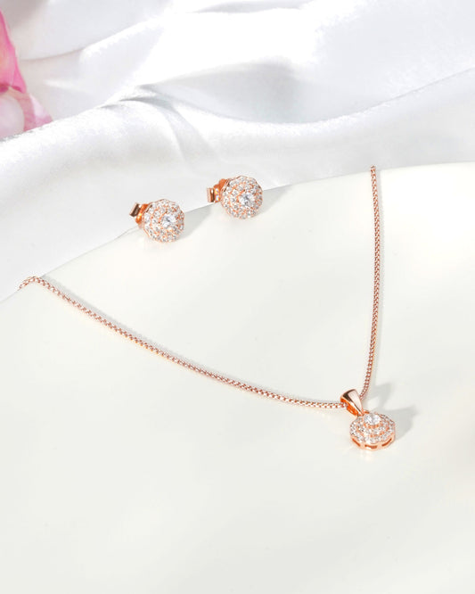 Siora Rosette CZ Jewellery Set | 925 Sterling Silver Rose Gold | Necklace + Earrings