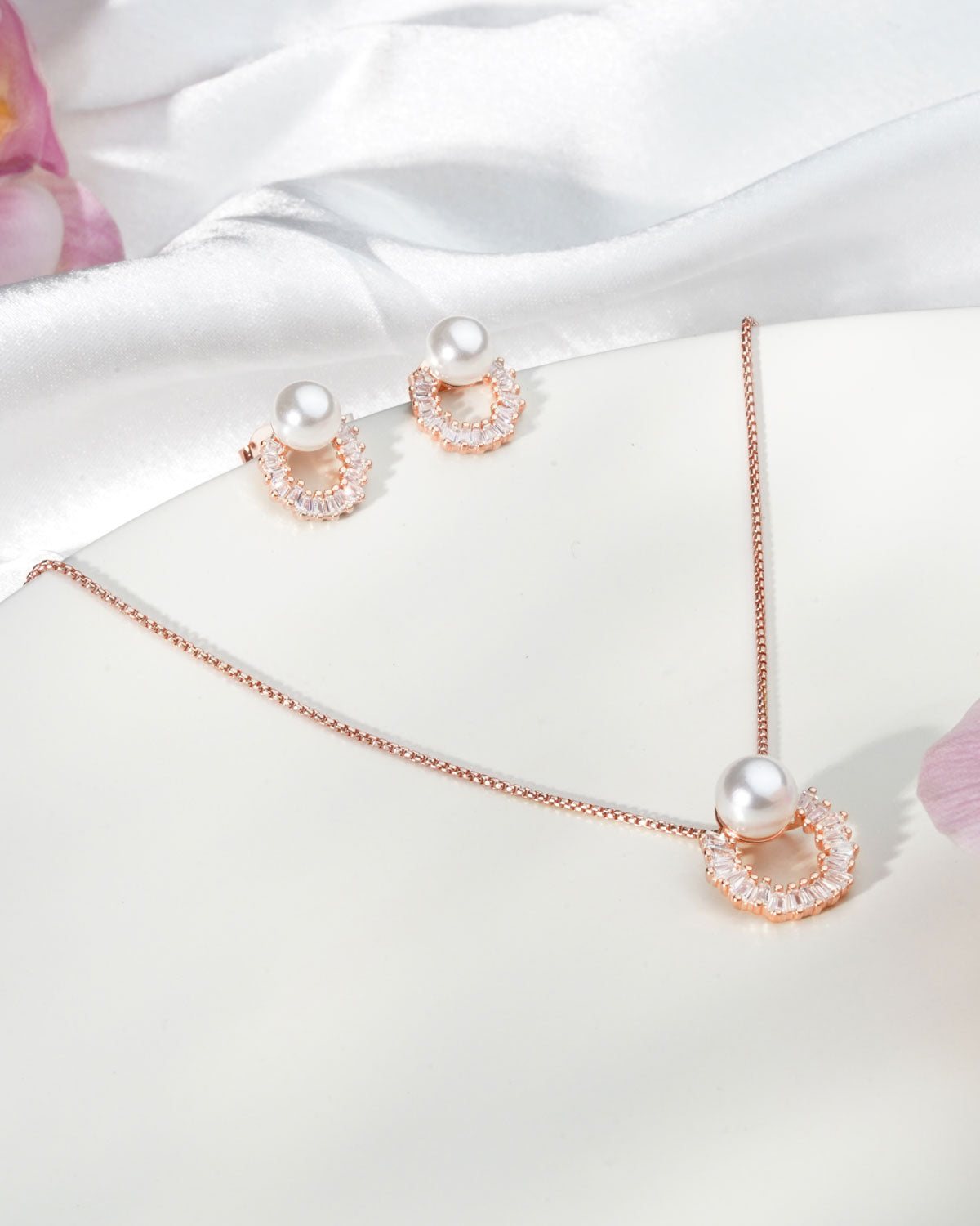Siora Pearl Arc Jewellery Set | 925 Sterling Silver Rose Gold | Necklace + Earrings
