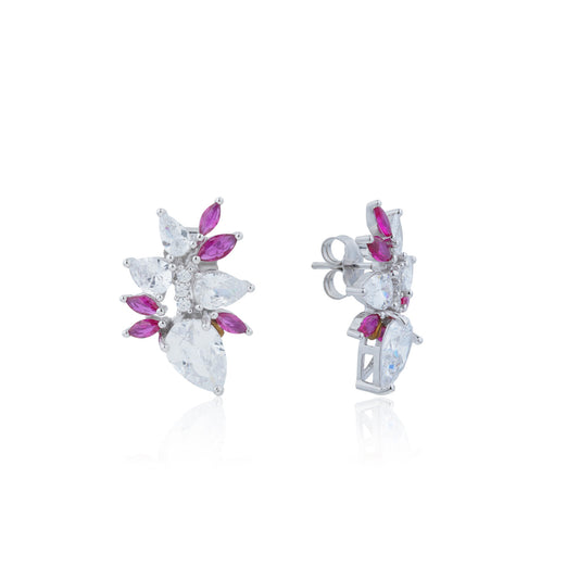 Siora Silver Floral CZ & Ruby Pink Earrings | 925 Sterling Silver Rhodium Plated