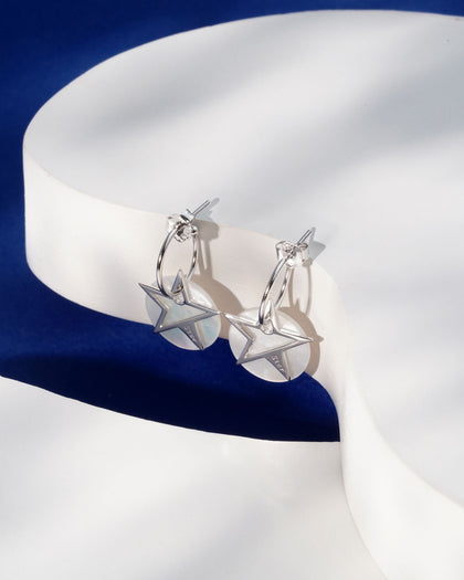 Siora Silver Star & Pearl Hook Earrings | 925 Sterling Silver Rhodium Plated