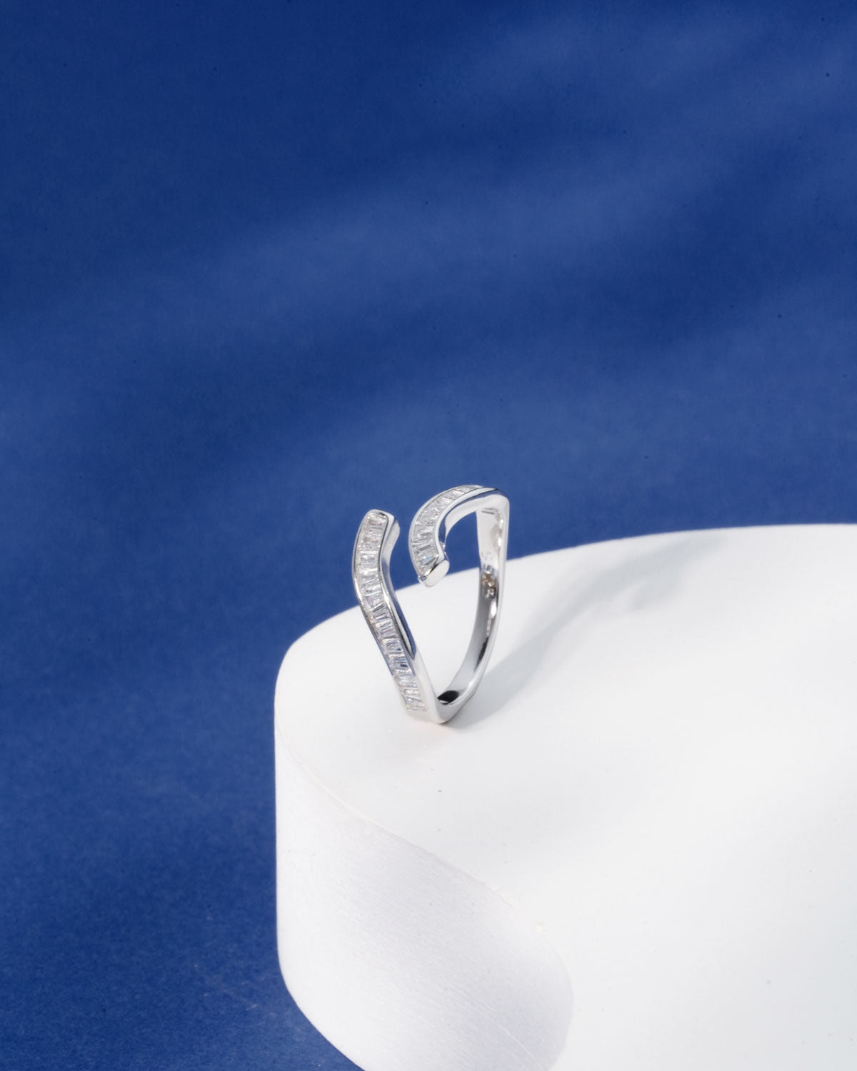 Siora Silver Baguette Bypass Open Ring | 925 Sterling Silver Rhodium Plated