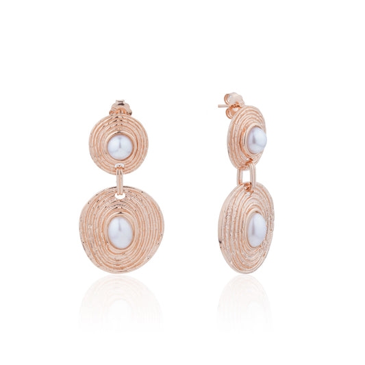 Siora Pearl Orbital Double Disc Drop Earrings | 925 Sterling Silver Rose Gold