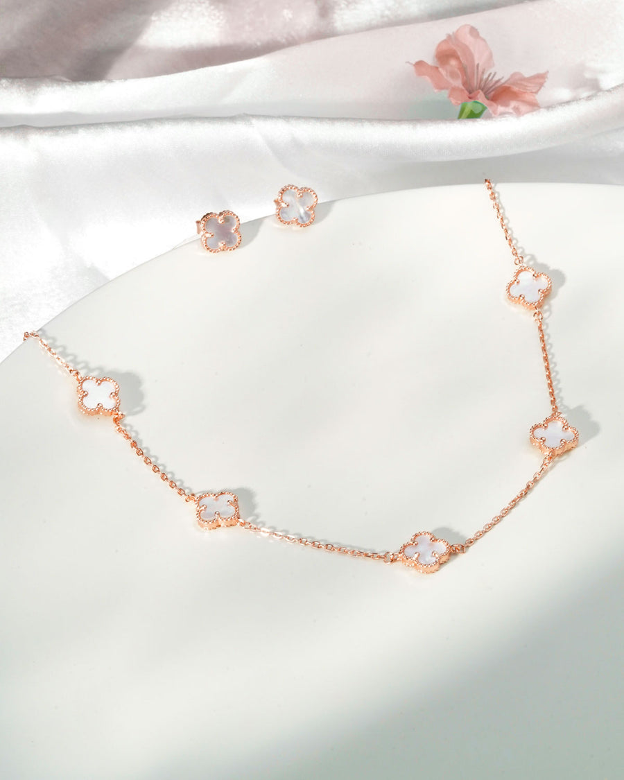 Siora Clover Station Necklace | 925 Sterling Silver Rose Gold MOP