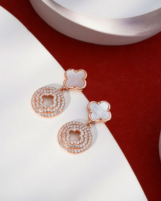 Siora Clover & Halo Circle Drop Earrings | 925 Sterling Silver Rose Gold