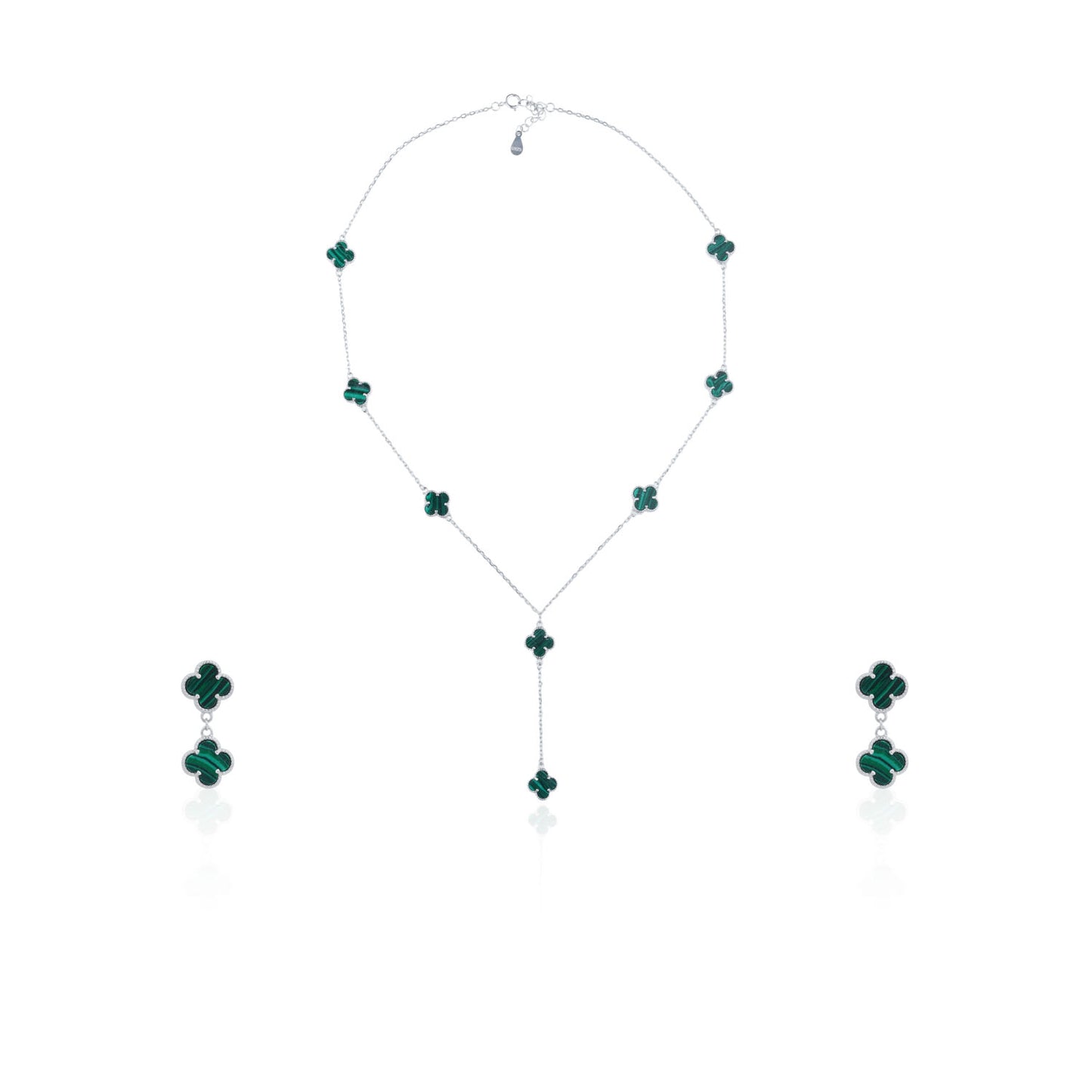 Siora Malachite Clover Complete Jewellery Set | 925 Sterling Silver Rhodium Plated | Necklace + Earrings
