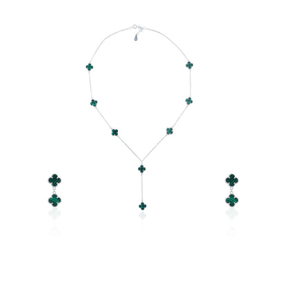 Siora Malachite Clover Complete Jewellery Set | 925 Sterling Silver Rhodium Plated | Necklace + Earrings