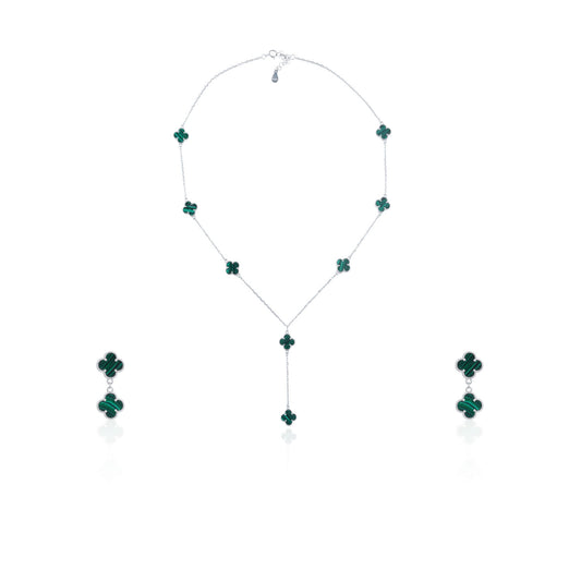 Siora Malachite Clover Complete Jewellery Set | 925 Sterling Silver Rhodium Plated | Necklace + Earrings