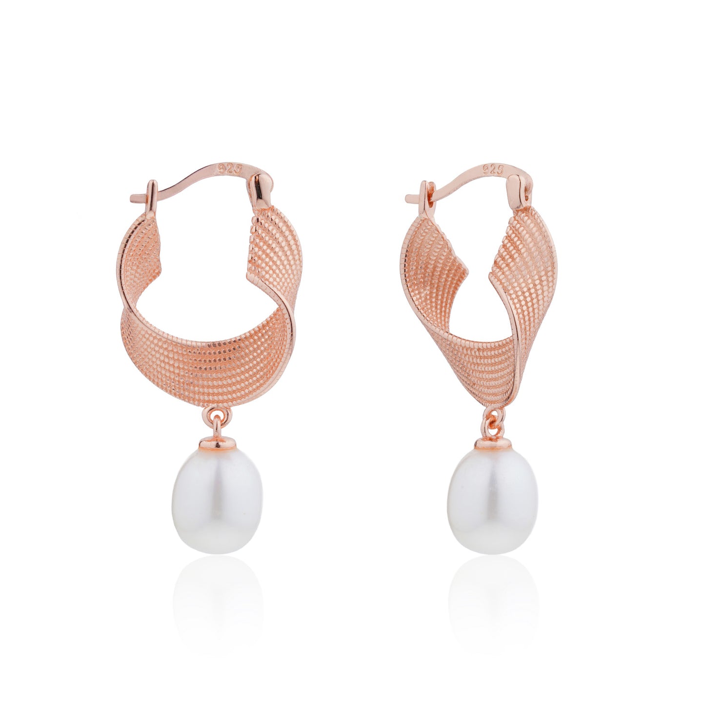 Siora Pearl Drop Twisted Mesh Hoop Earrings | 925 Sterling Silver Rose Gold