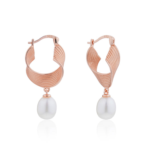 Siora Pearl Drop Twisted Mesh Hoop Earrings | 925 Sterling Silver Rose Gold