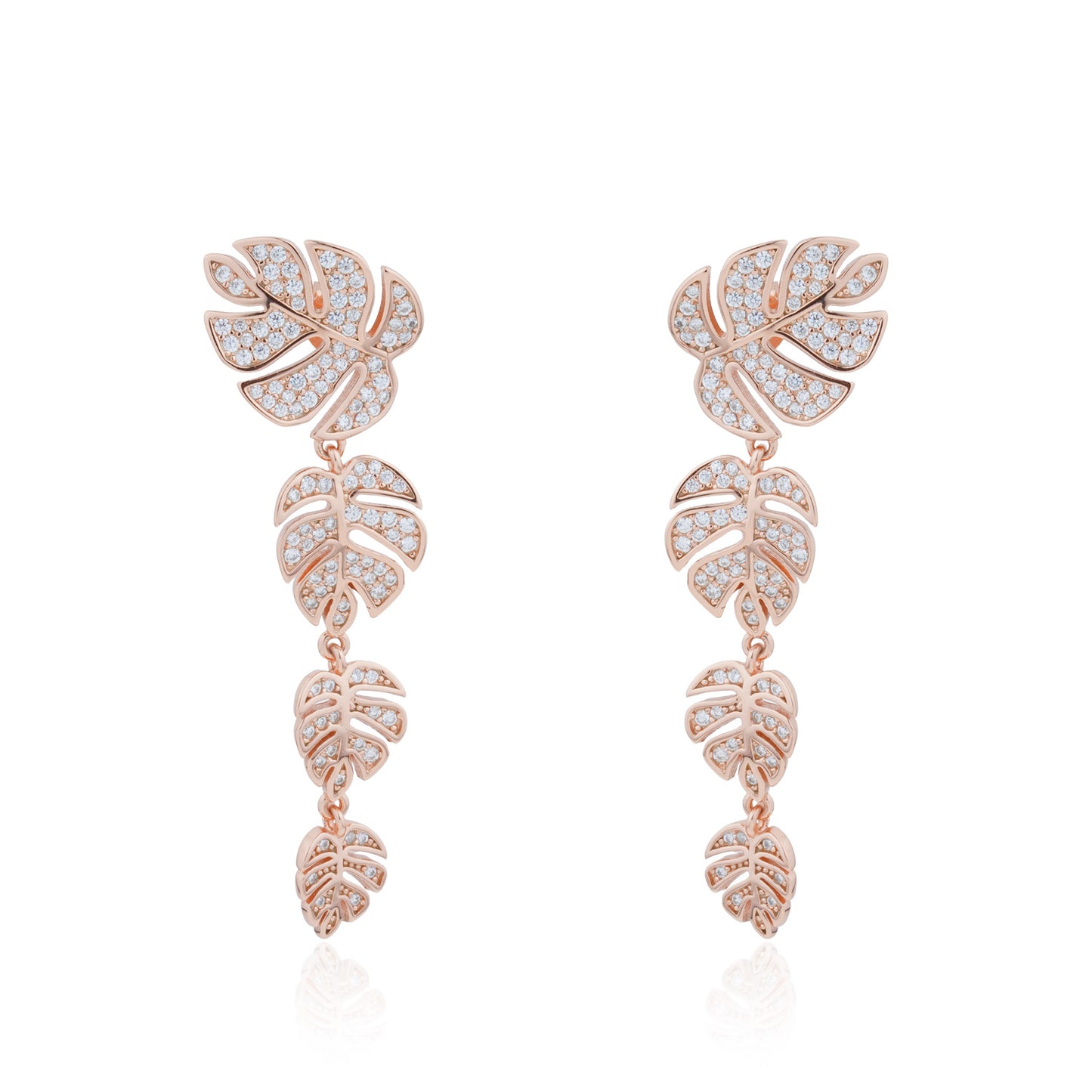 Siora Monstera Cascade CZ Drop Earrings | 925 Sterling Silver Rose Gold