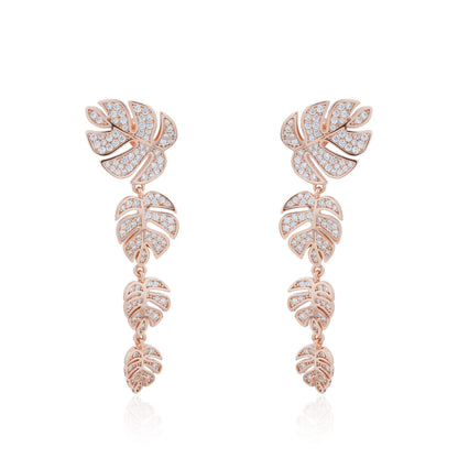 Siora Monstera Cascade CZ Drop Earrings | 925 Sterling Silver Rose Gold