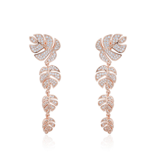 Siora Monstera Cascade CZ Drop Earrings | 925 Sterling Silver Rose Gold