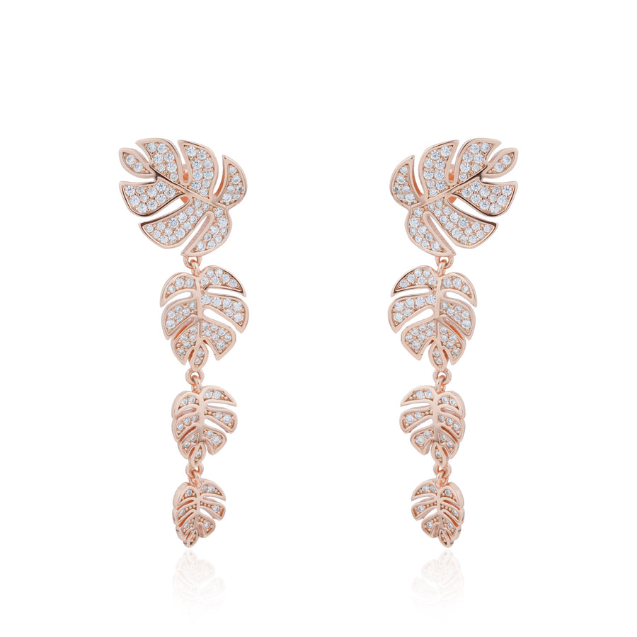 Siora Monstera Cascade CZ Drop Earrings | 925 Sterling Silver Rose Gold