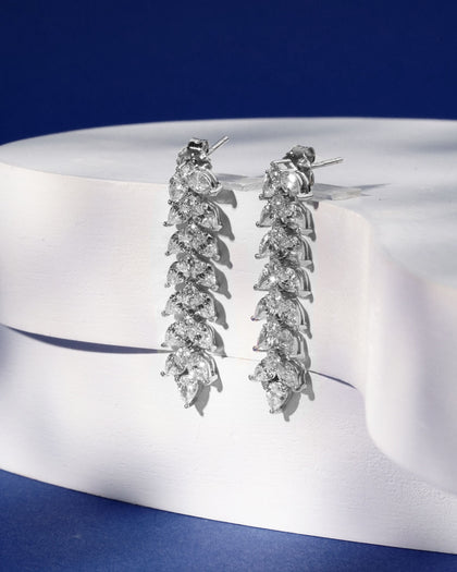 Siora Silver Leaf Spine CZ Drop Earrings | 925 Sterling Silver Rhodium Plated