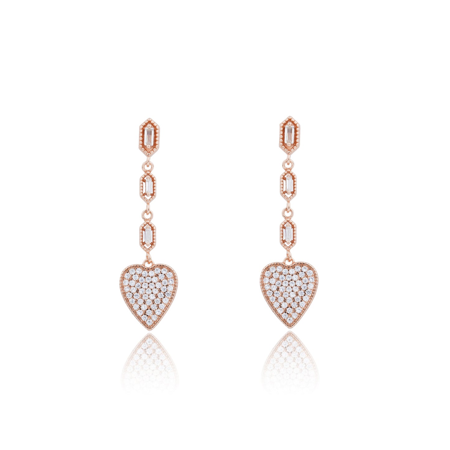 Siora Heart Drop Baguette Chain Earrings | 925 Sterling Silver Rose Gold
