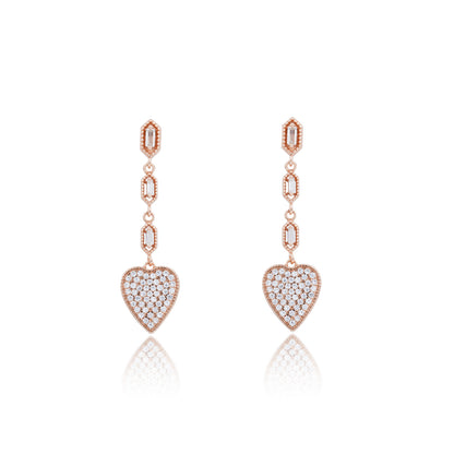 Siora Heart Drop Baguette Chain Earrings | 925 Sterling Silver Rose Gold