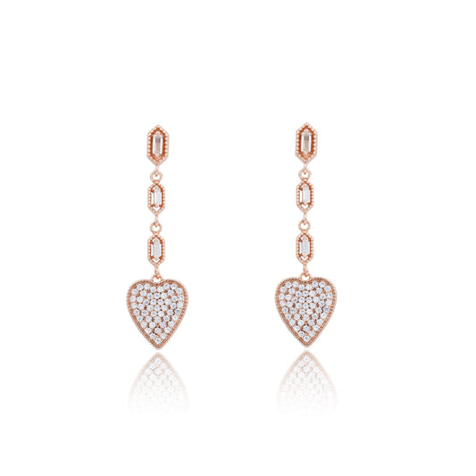 Siora Heart Drop Baguette Chain Earrings | 925 Sterling Silver Rose Gold